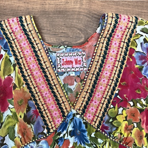 Johnny Was L Floral Print Embroidered V Neck Tunic Bohemian Cottagecore Flowy - Picture 2 of 7